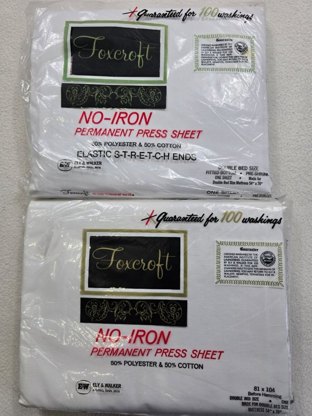 Vintage Foxcroft Double Bed No-Iron Permanent Press Flat Fitted Sheet Set White